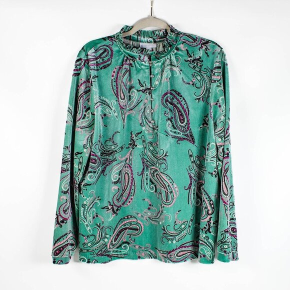 Charter Club Green Paisley High Neck Blouse - XL - Velvet Feel!! - Picture 1 of 8